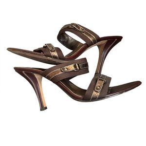 CIRCA JOAN & DAVID Leather And Canvas SZ 8 Open Toe Heel 2 Strap Y2K Bronze EUC